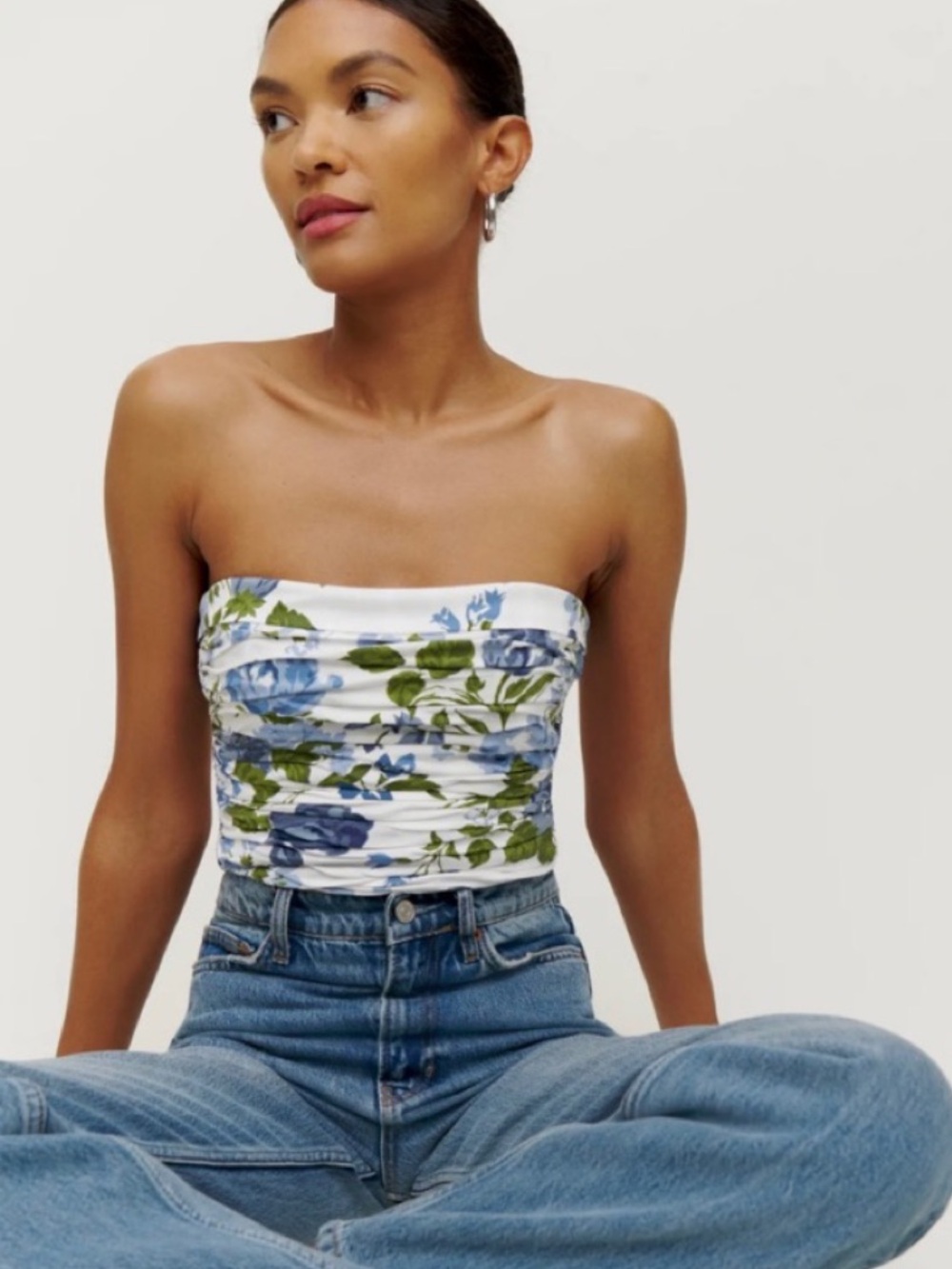Reformation Strapless Floral Ruched Top — White with Blue & Green Print